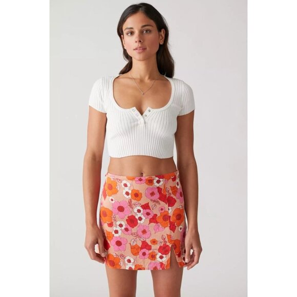 Urban Outfitters Rosie Notched Floral Pelmet Mini Skirt Linen Blend Size S - Picture 2 of 14